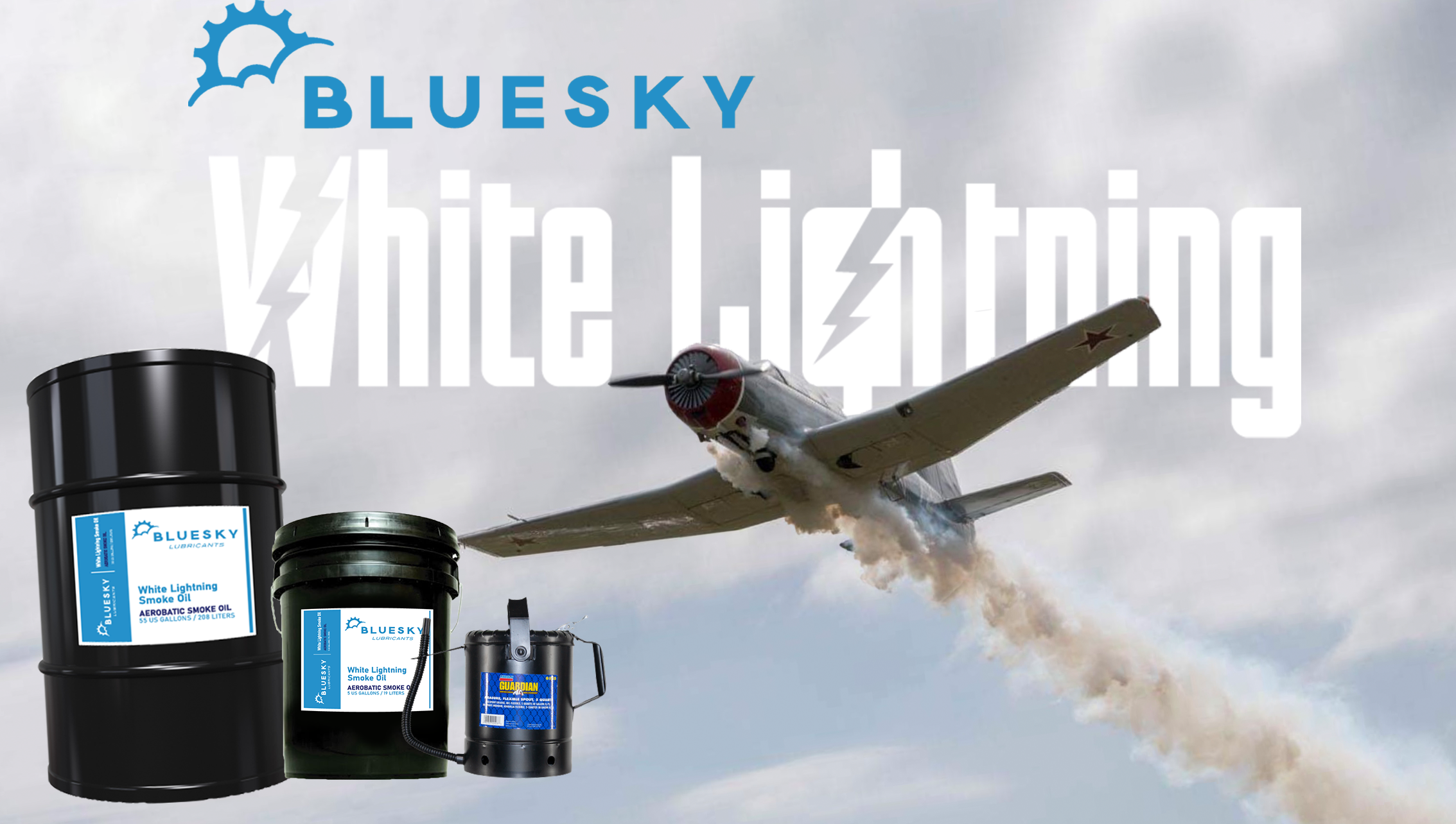 Smoke Plane in the sky with the Bluesky White Lightning products and logo in background