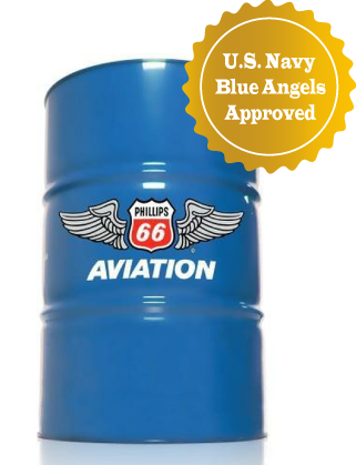 blue drum with Phillips 66 Aviation Logo and gold badge in top right corner