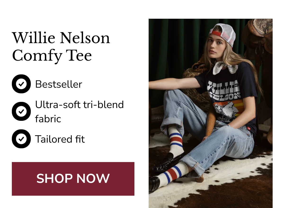 Willie Nelson comfy tee with a model wearing it, featuring a casual outfit and accessories.