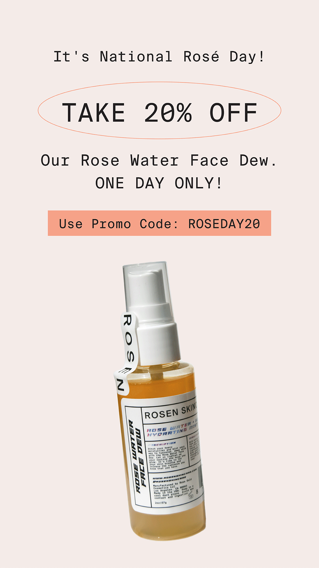 It's National Rosé Day! Take 20 Off Our Rose Water Face Dew ROSEN Skincare