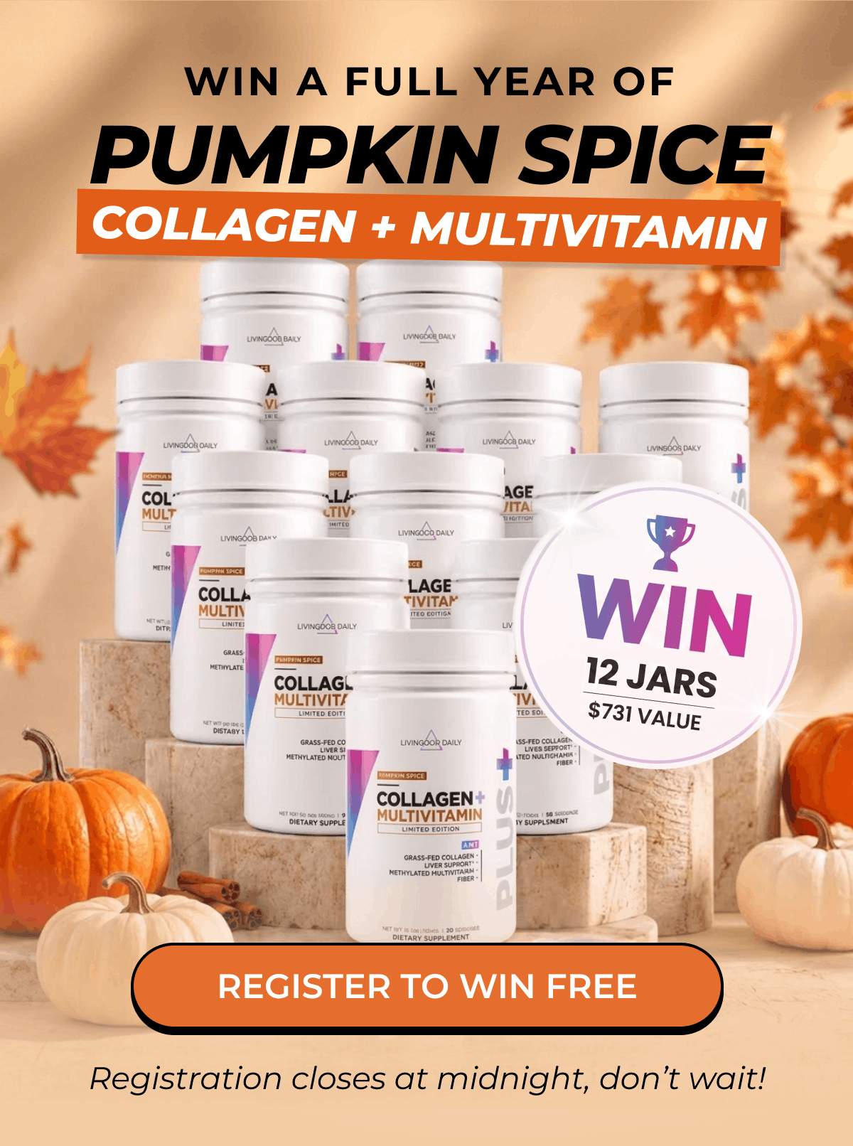 Promotional graphic for a giveaway of 12 jars of Pumpkin Spice Collagen + Multivitamin, styled with white supplement jars and autumn pumpkins.