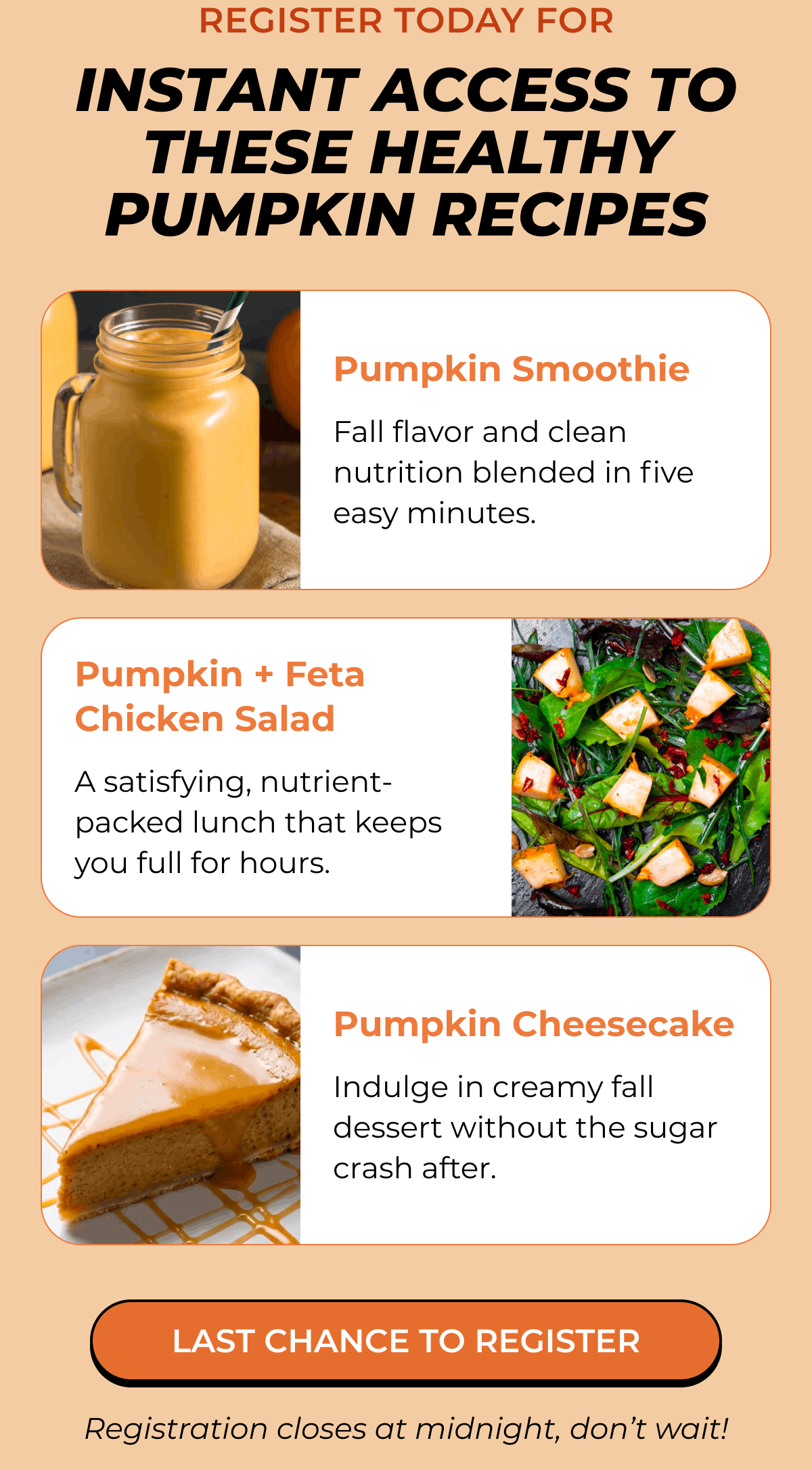 Healthy autumn pumpkin recipes featured in cards, including a smoothie, salad, and cheesecake.