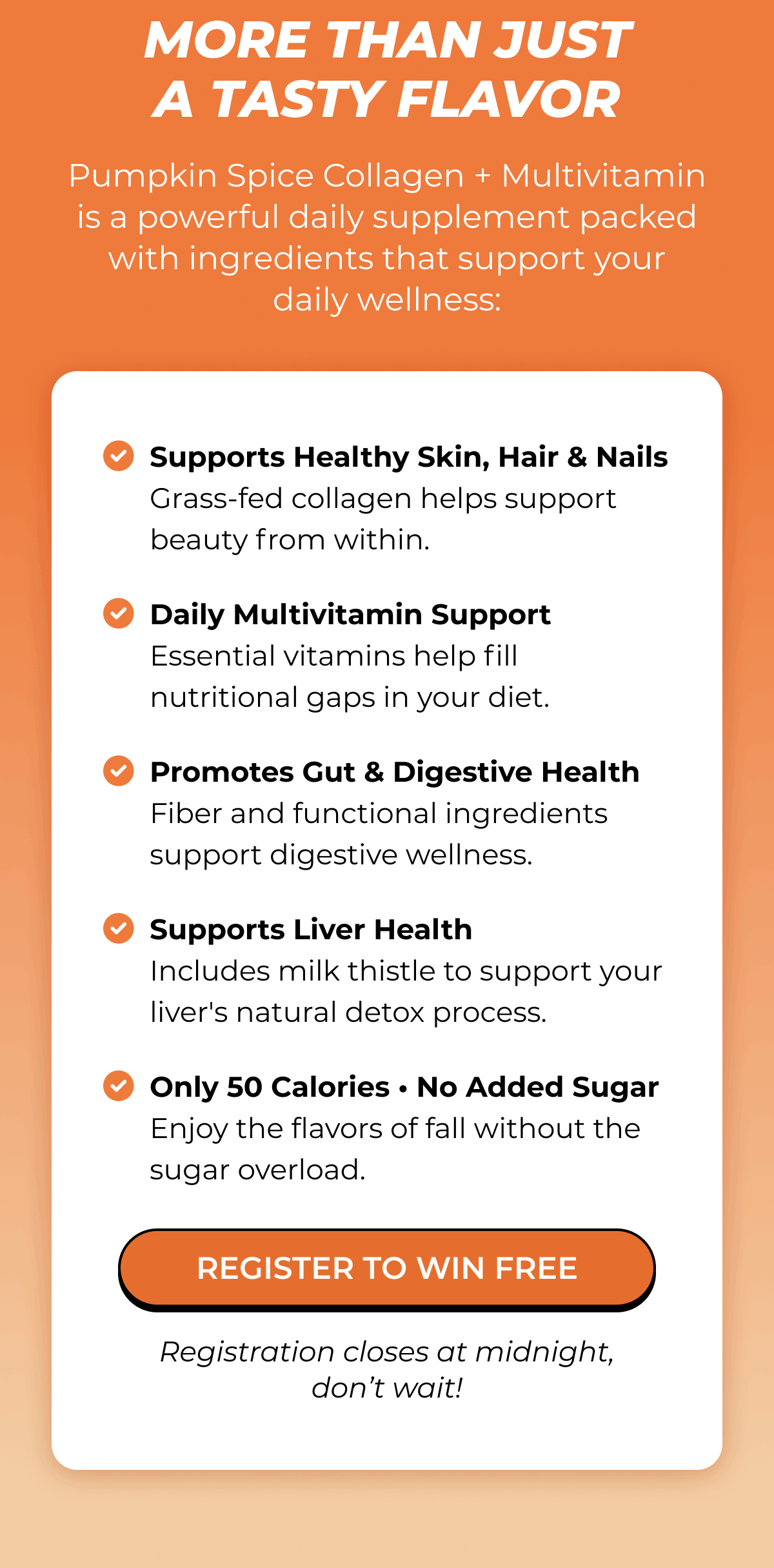 Promotional card outlining health benefits of Pumpkin Spice Collagen + Multivitamin, including hair and skin support, gut health, and liver health