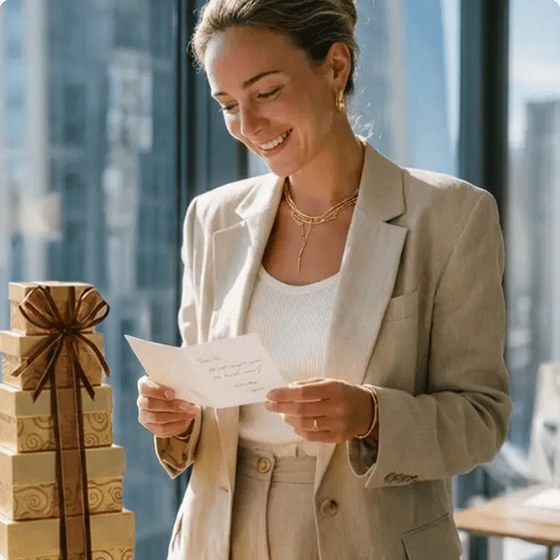 Gold gift tower beside a handwritten note card