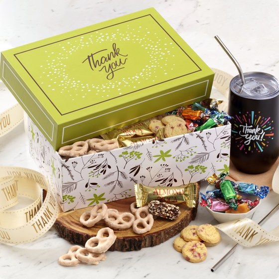 Thank you gift box of pretzels, cookies and chocolates