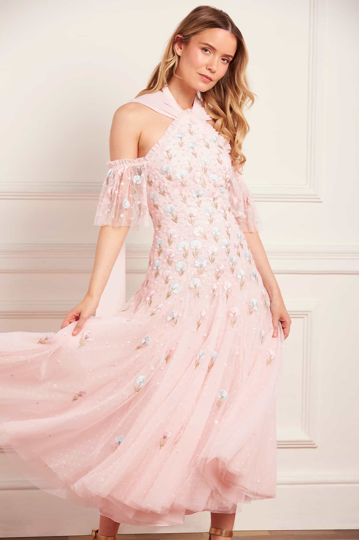 strapless open back dress Tika Cabaret Dress Flower Embroidery Volume Halter Neck Tulle Long Bir main image 1