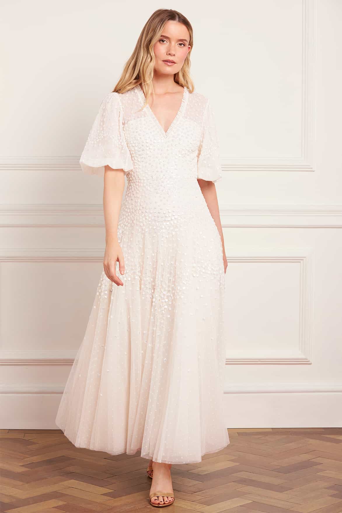Scallop Sequin V-Neck Ankle Gown  Cream | Needle & Thread