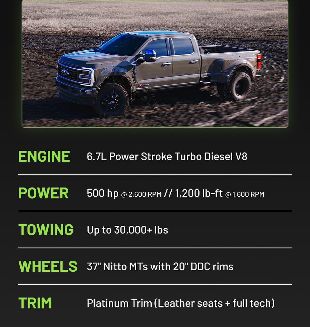 ENGINE 6.7L Power Stroke Turbo Diesel V8 POWER 500 hp @ 2,600 RPM // 1,200 lb-ft @ 1,600 RPM TOWING Up to 30,000+ lbs WHEELS 37" Nitto MTs with 20" DDC rims TRIM Platinum Trim (Leather seats + full tech)