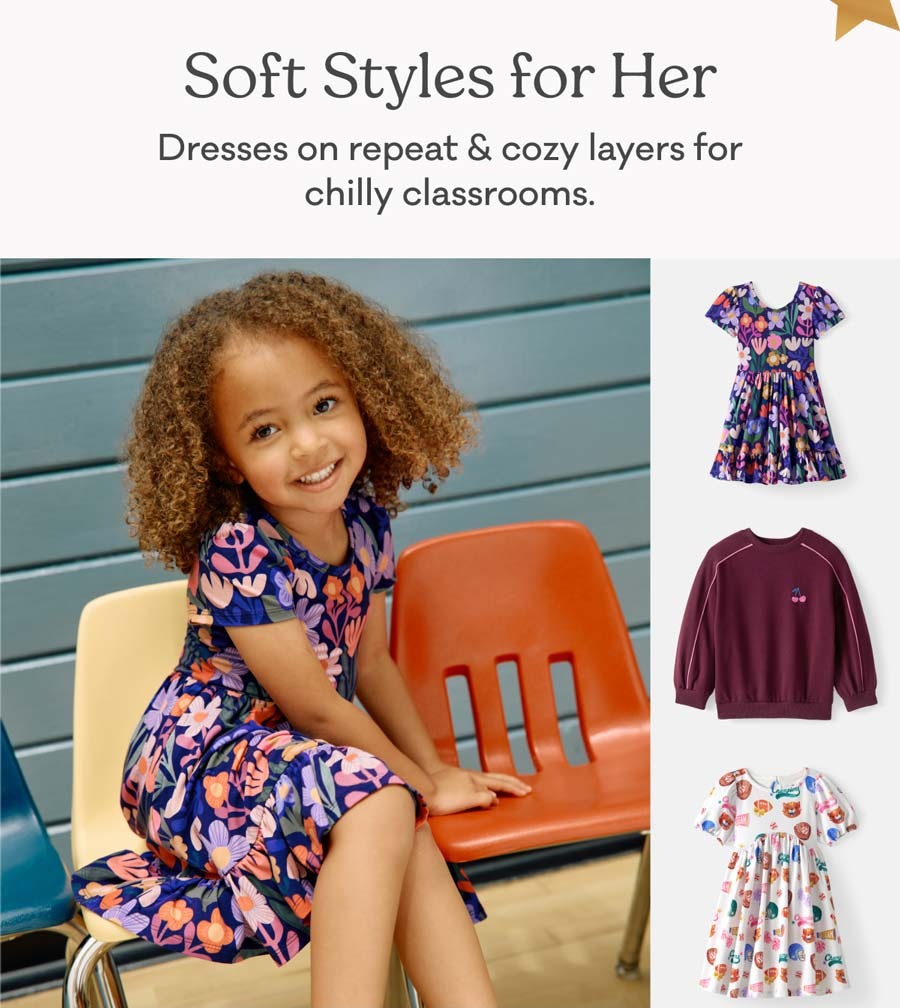 Soft Styles for Her | Dresses on repeat & cozy layers for chilly classrooms. | Shop Girls