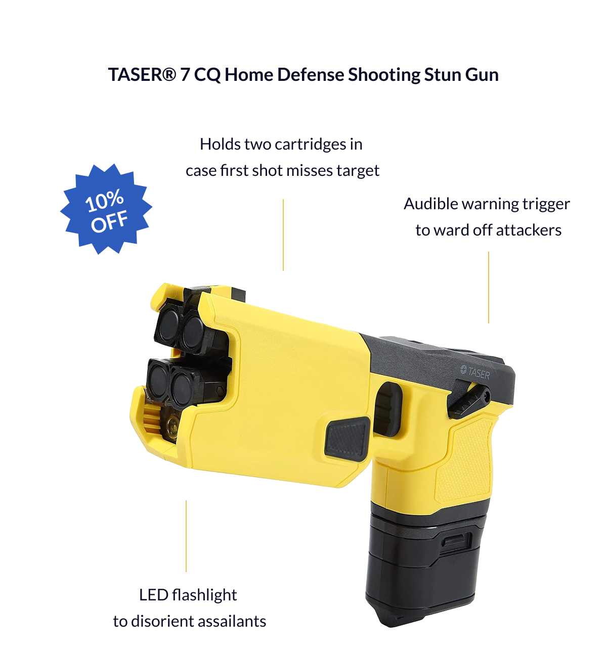 TASER 7 CQ Home Defense Shooting Stun Gun w/ Laser - Holds two cartridges in case first shot misses target, audible warning trigger to ward off attackers, and LED flashlight to disorient assailants