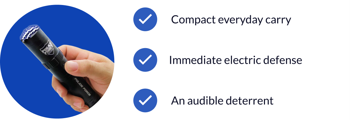 ✔ Compact everyday carry ✔ Immediate electric defense ✔ An audible deterrent