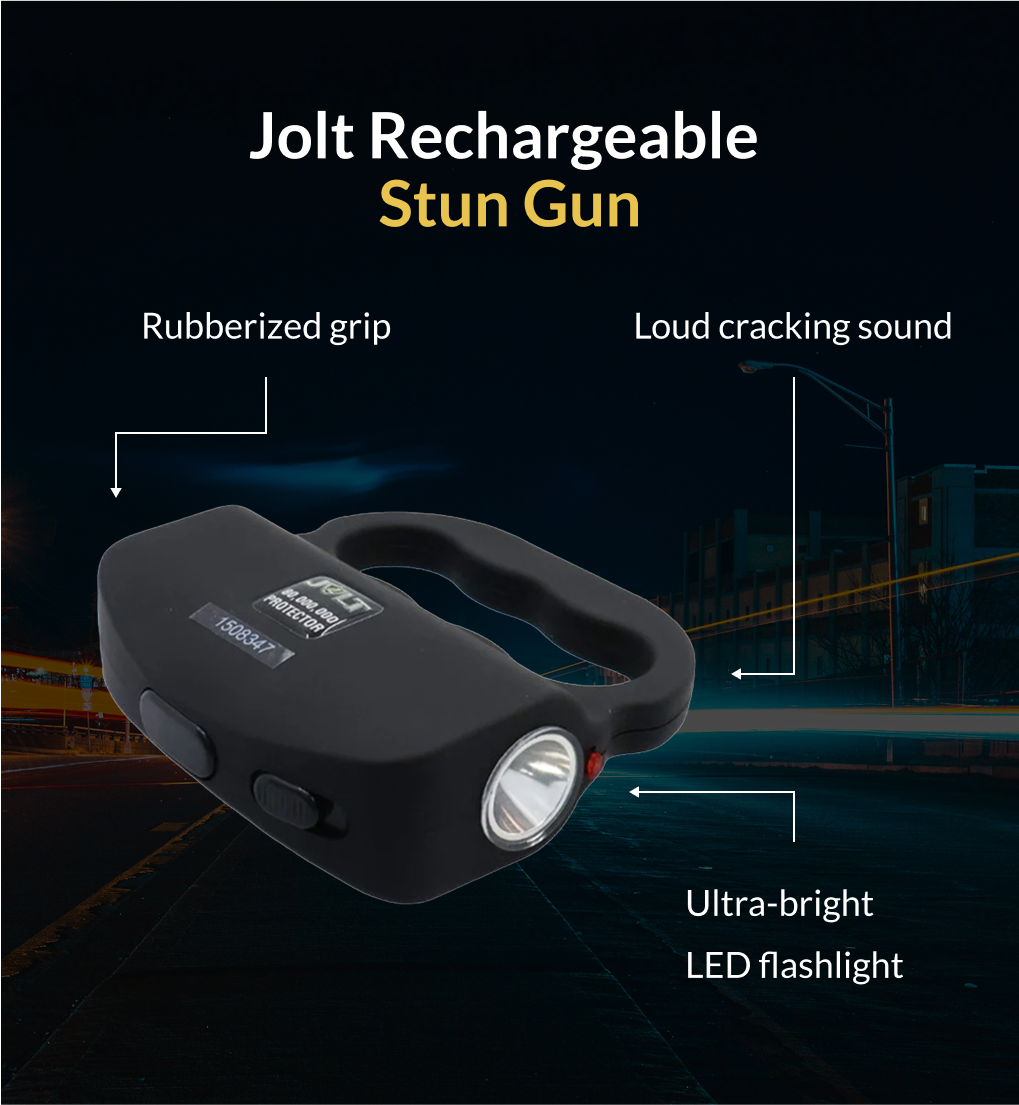 Jolt Rechargeable Stun Gun: loud cracking sound, rubberized grip, ultra-bright LED flashlight