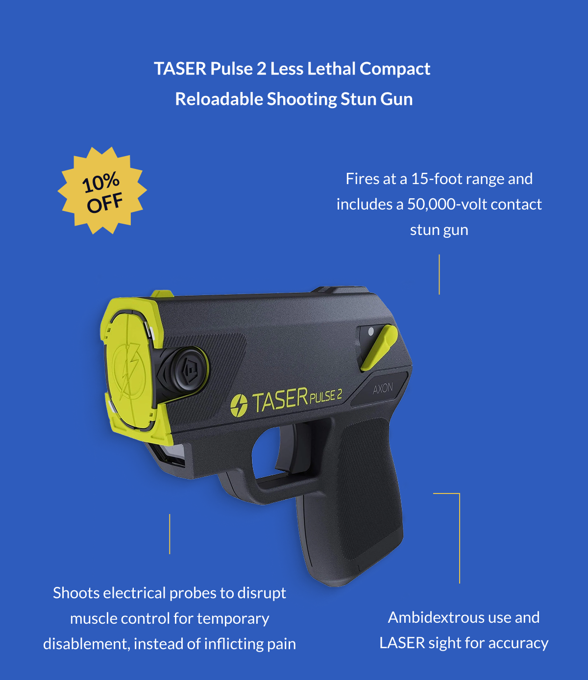 TASER Pulse 2 Less Lethal Compact  Reloadable Shooting Stun Gun - Firest at a 15-foot range and includes a stun gun, shoots electrical probes to disrupt muscle control for temporary disablement instead of inflicting pain, and ambidextrous use and LASER sight for accuracy