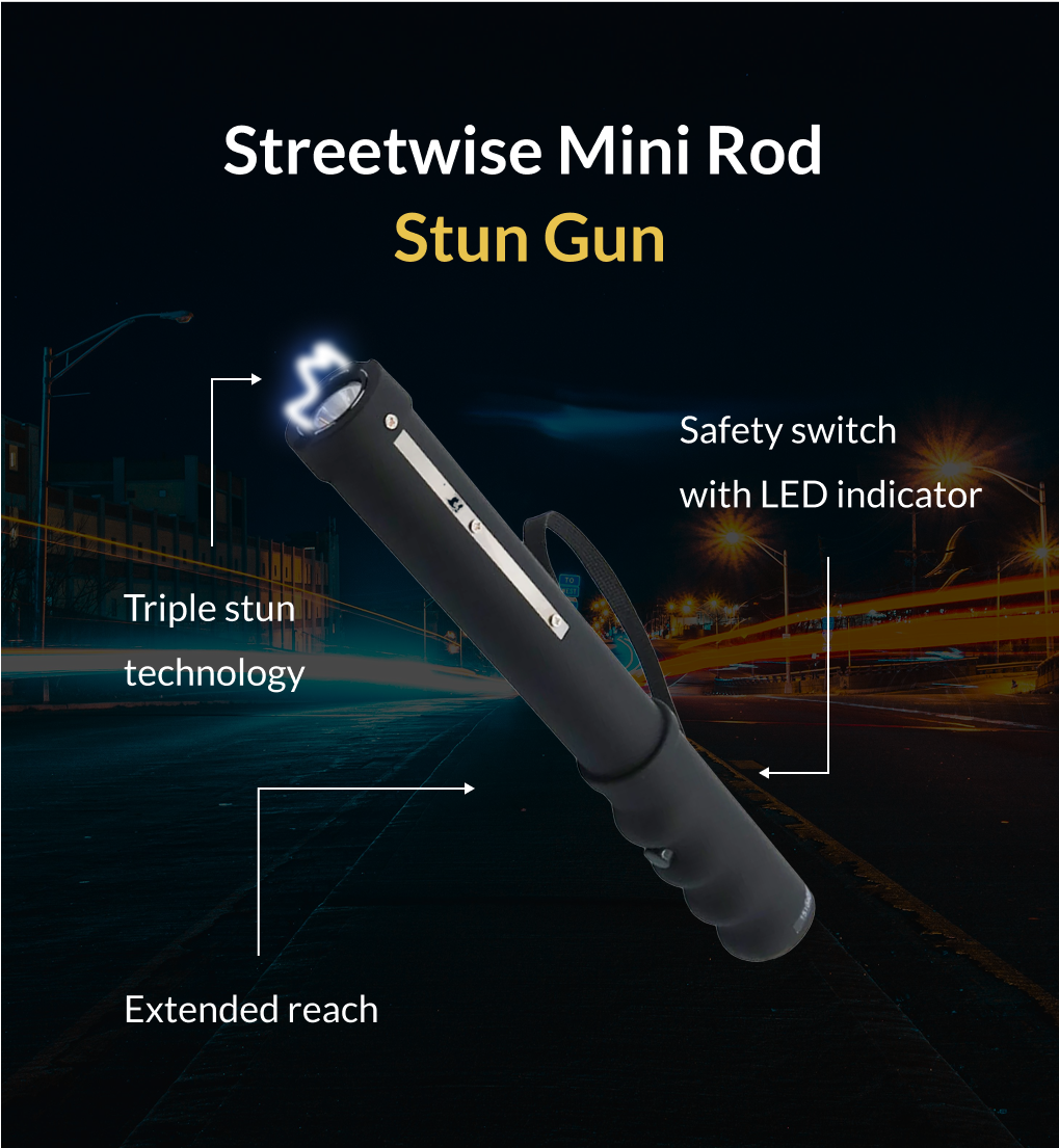 Streetwise Mini Rod Stun Gun: triple stun technology, extended reach, safety switch with LED indicator
