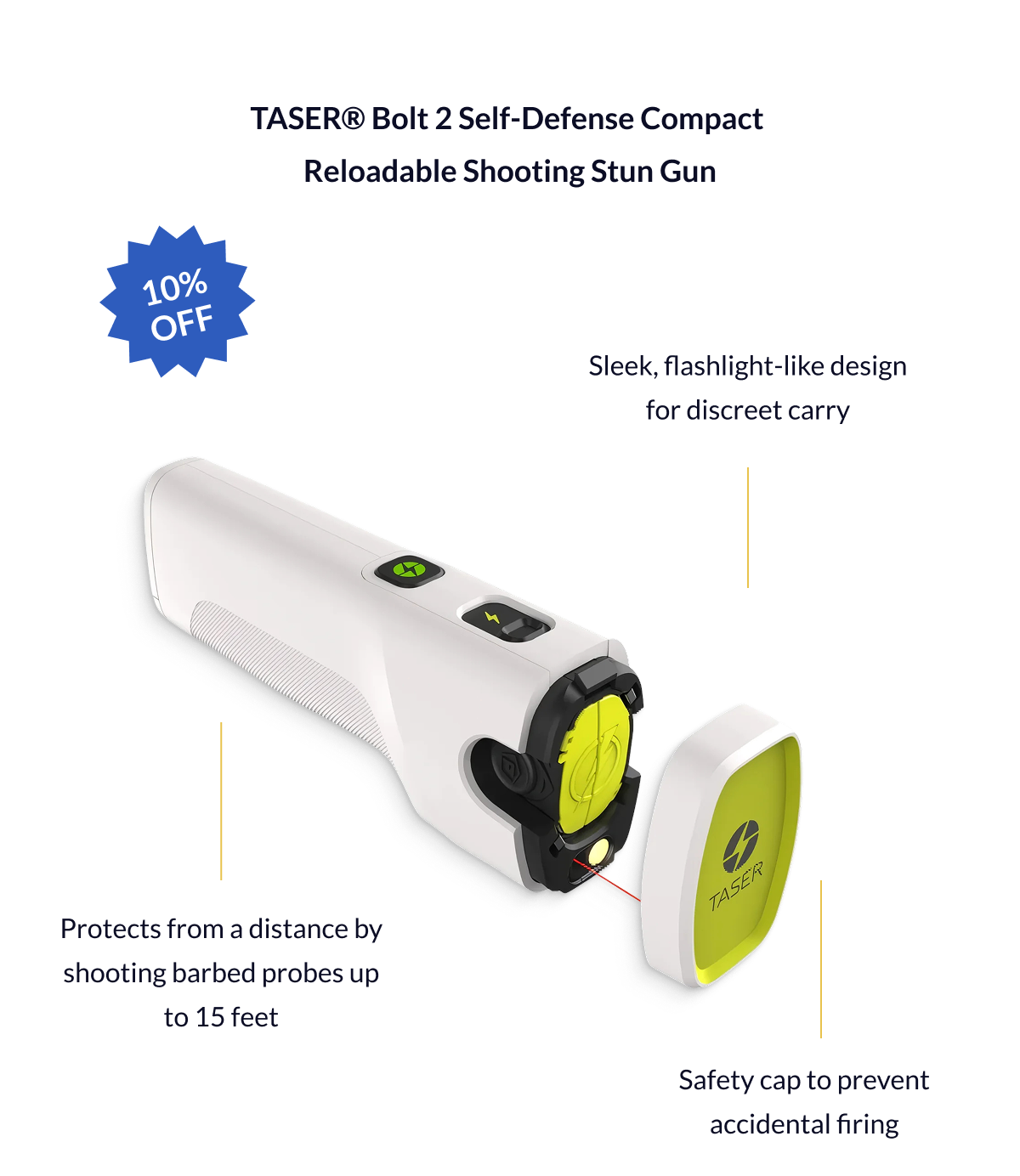 TASER Bolt 2 Self-Defense Compact Reloadable Shooting Stun Gun - Sleek, flashlight-like design for discreet carry, protects from a distance by shooting barbed probes up to 15 feet and contact stun gun for close-range defense