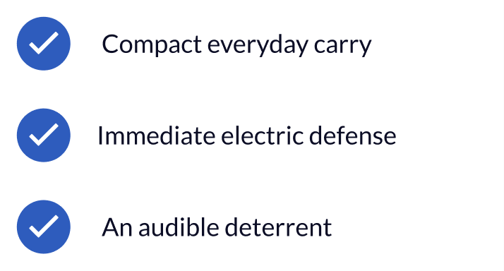 ✔ Compact everyday carry ✔ Immediate electric defense ✔ An audible deterrent