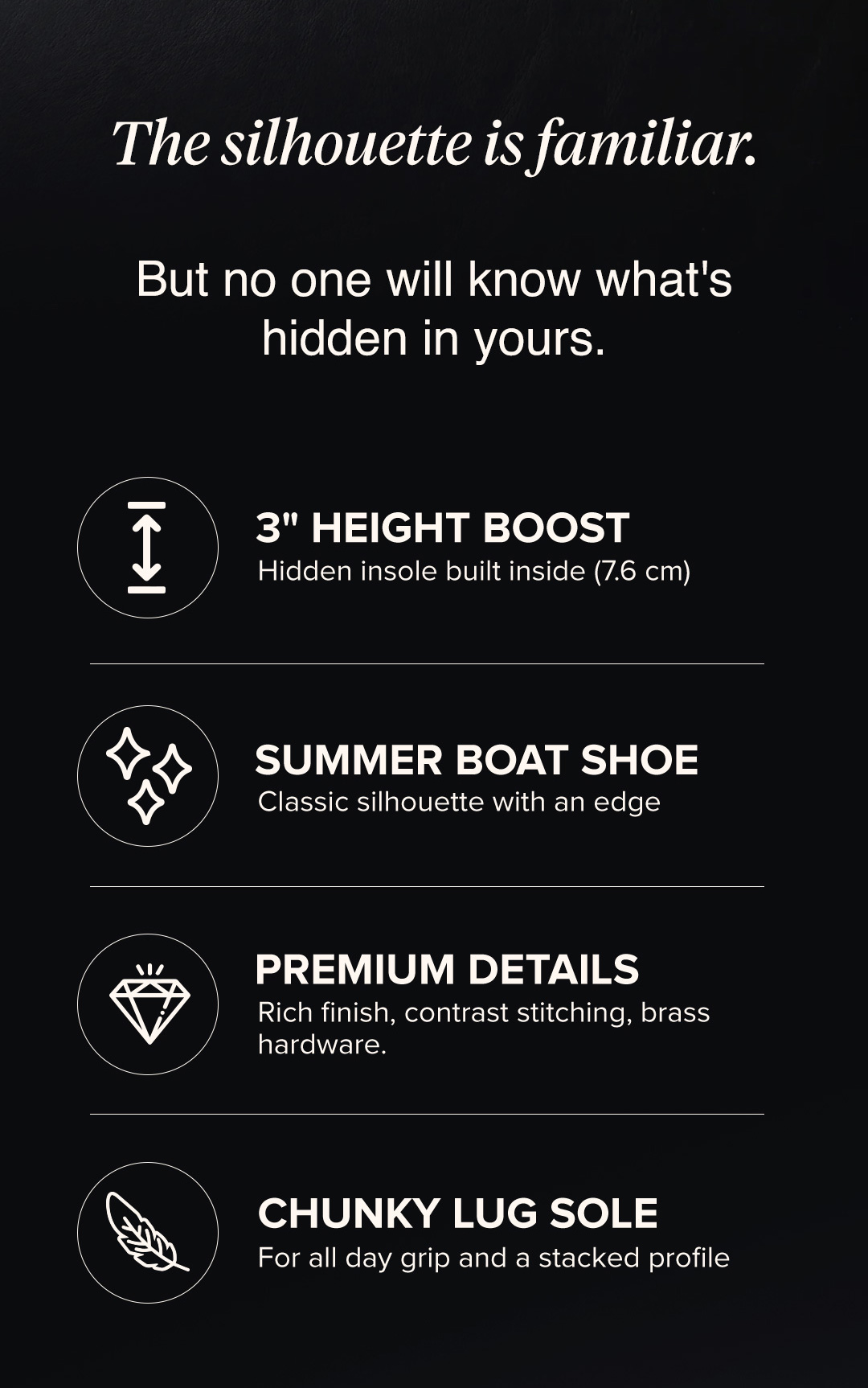 The silhouette is familiar. But no one will know what's hidden in yours. - 3" Height Boost Hidden insole built inside (7.6 cm)  Summer Boat Shoe Classic silhouette with an edge  Premium Details Rich finish, contrast stitching, brass hardware.  Chunky Lug Sole For all day grip and a stacked profile