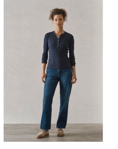 Image + Link: Woman wearing Amara Long-Sleeve Ribbed Henley in Total Eclipse