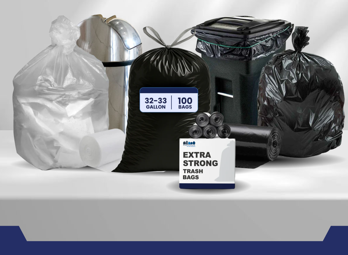 Trash bags in various sizes and styles on a table