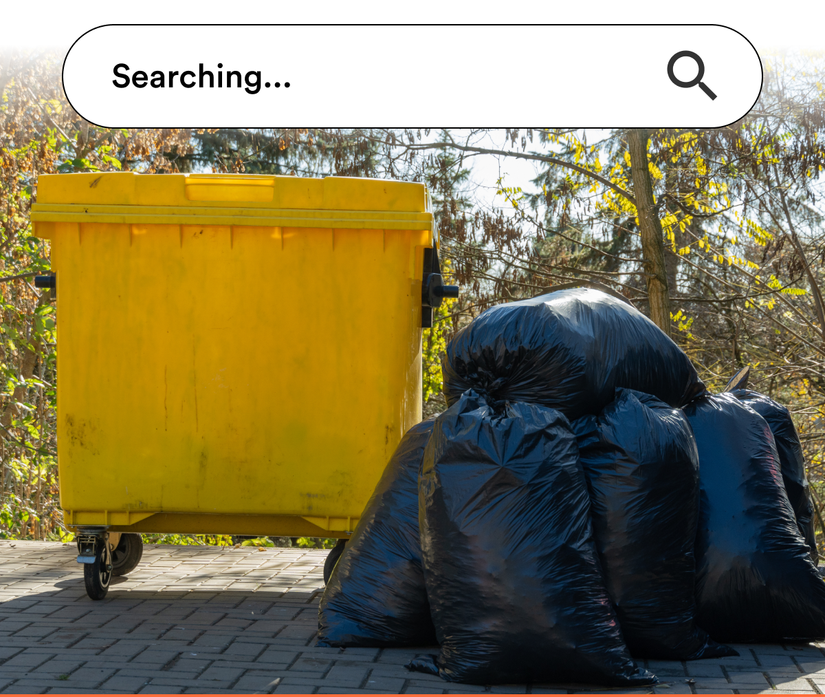 Yellow garbage bin next to a large pile of black trash bags.