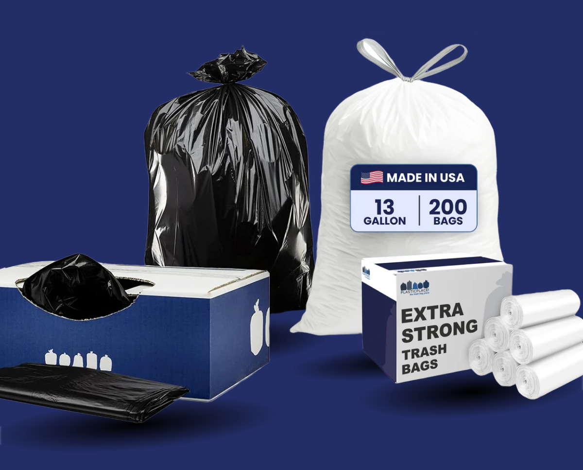 Trash bags in various sizes with packaging