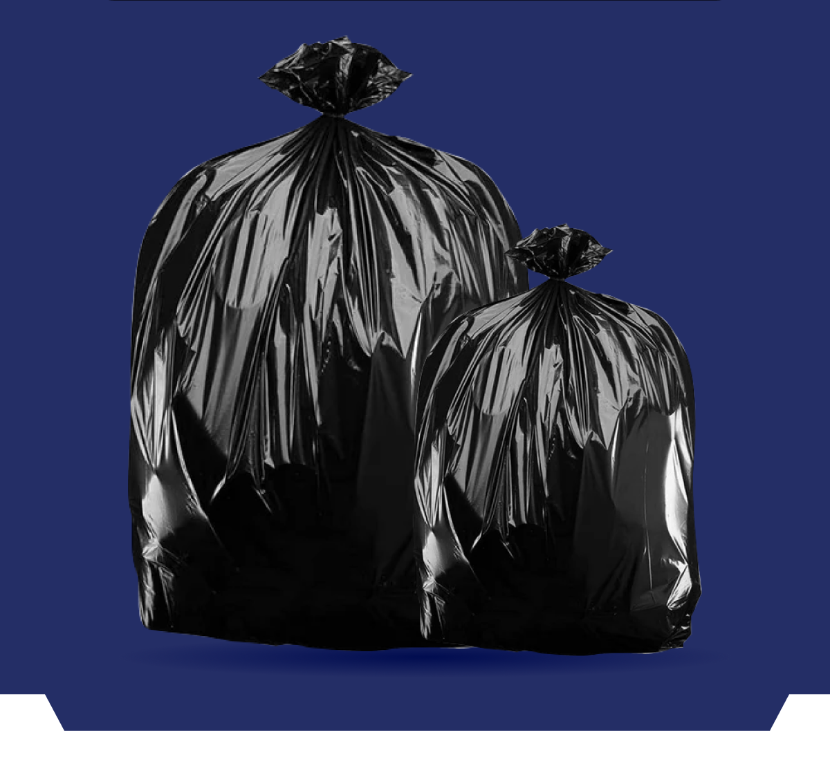 Two black garbage bags of different sizes on a blue background.
