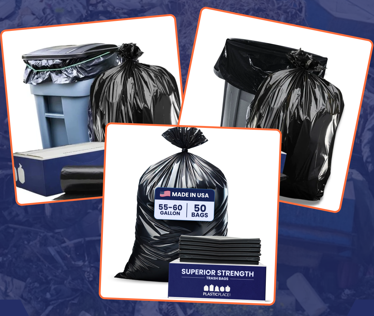 Trash bags and trash cans, featuring different sizes and packaging.