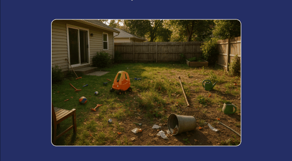 A messy backyard with a toy car, scattered balls, a bucket, and various debris on the grass.