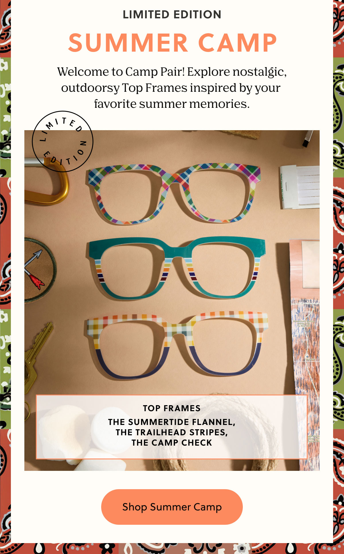 LIMITED EDITION | SUMMER CAMP - Welcome to Camp Pair! Explore nostalgic, outdoorsy Top Frames inspired by your  favorite summer memories. | Shop Summer Camp