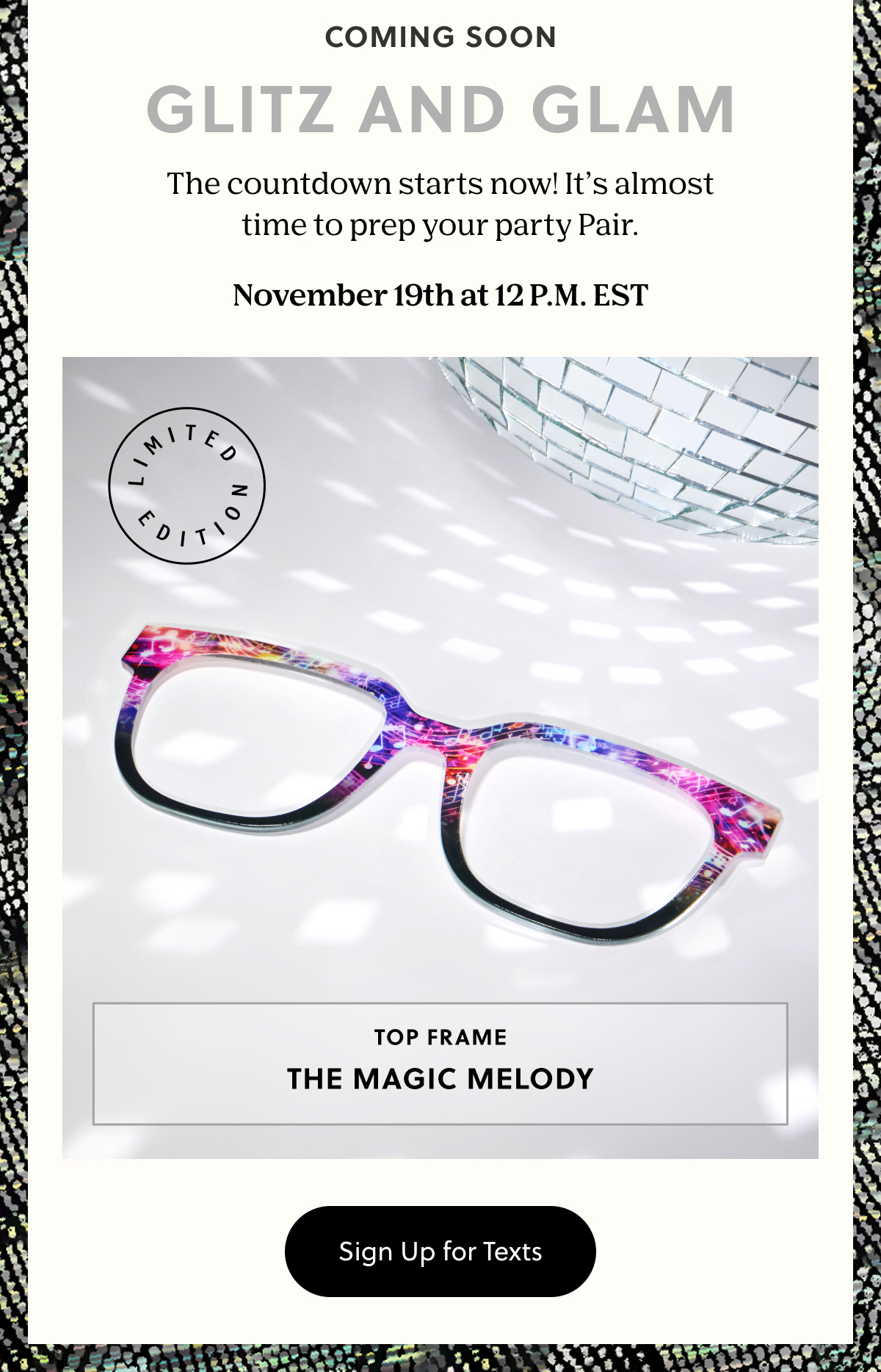 COMING SOON | GLITZ AND GLAM | The countdown starts now! It's almost time to prep your party Pair. | November 19th at 12 P.M. EST