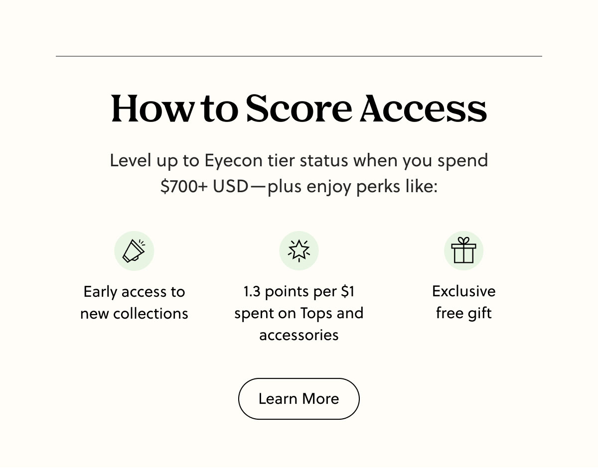 How to Score Access | Level up to Eyecon tier status when you spend $700+ USD—plus enjoy perks | Learn More