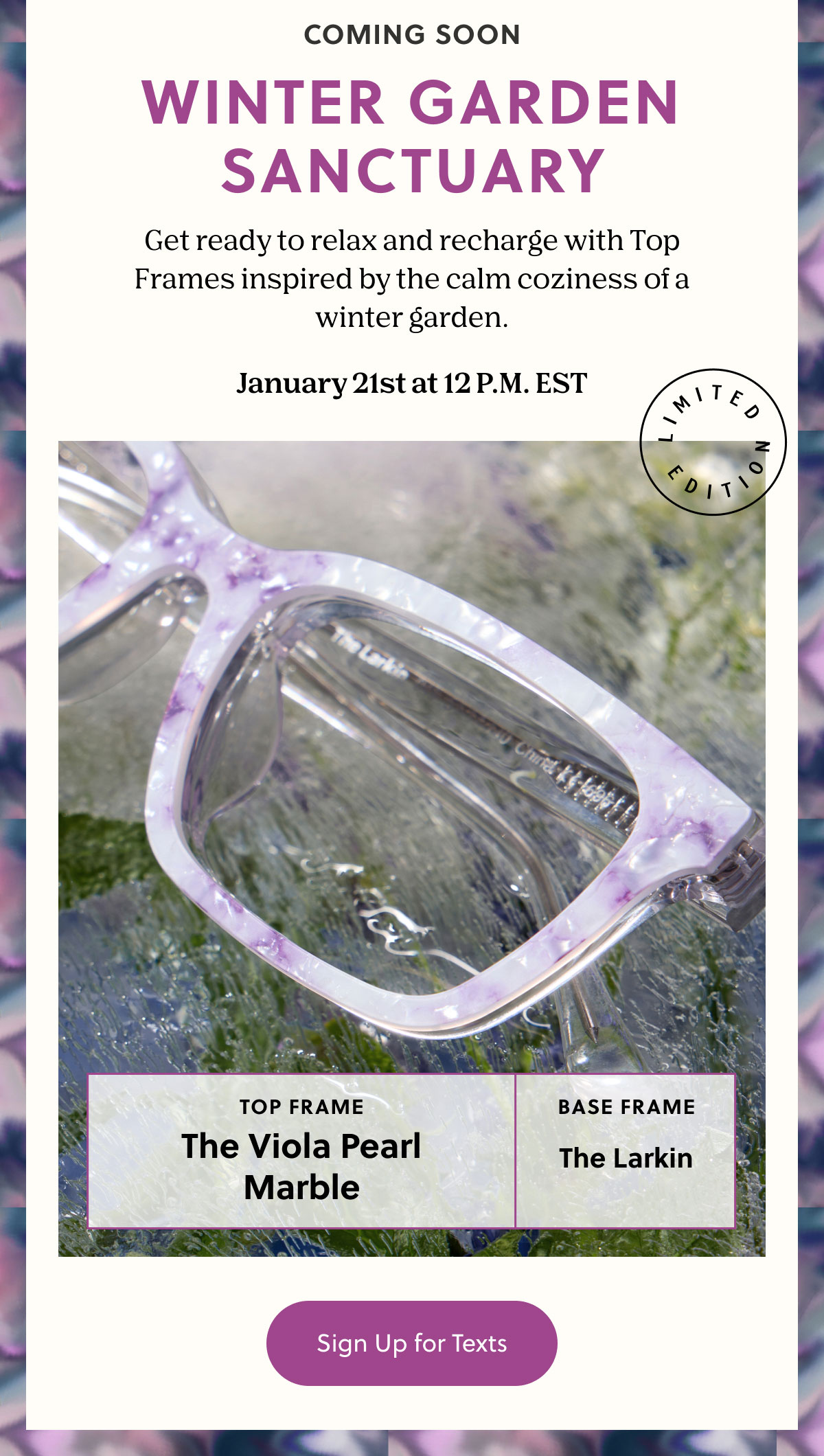 COMING SOON | WINTER GARDEN SANCTUARY | Get ready to relax and recharge with Top Frames inspired by the calm coziness of a winter garden. January 21st at 12 P.M. EST