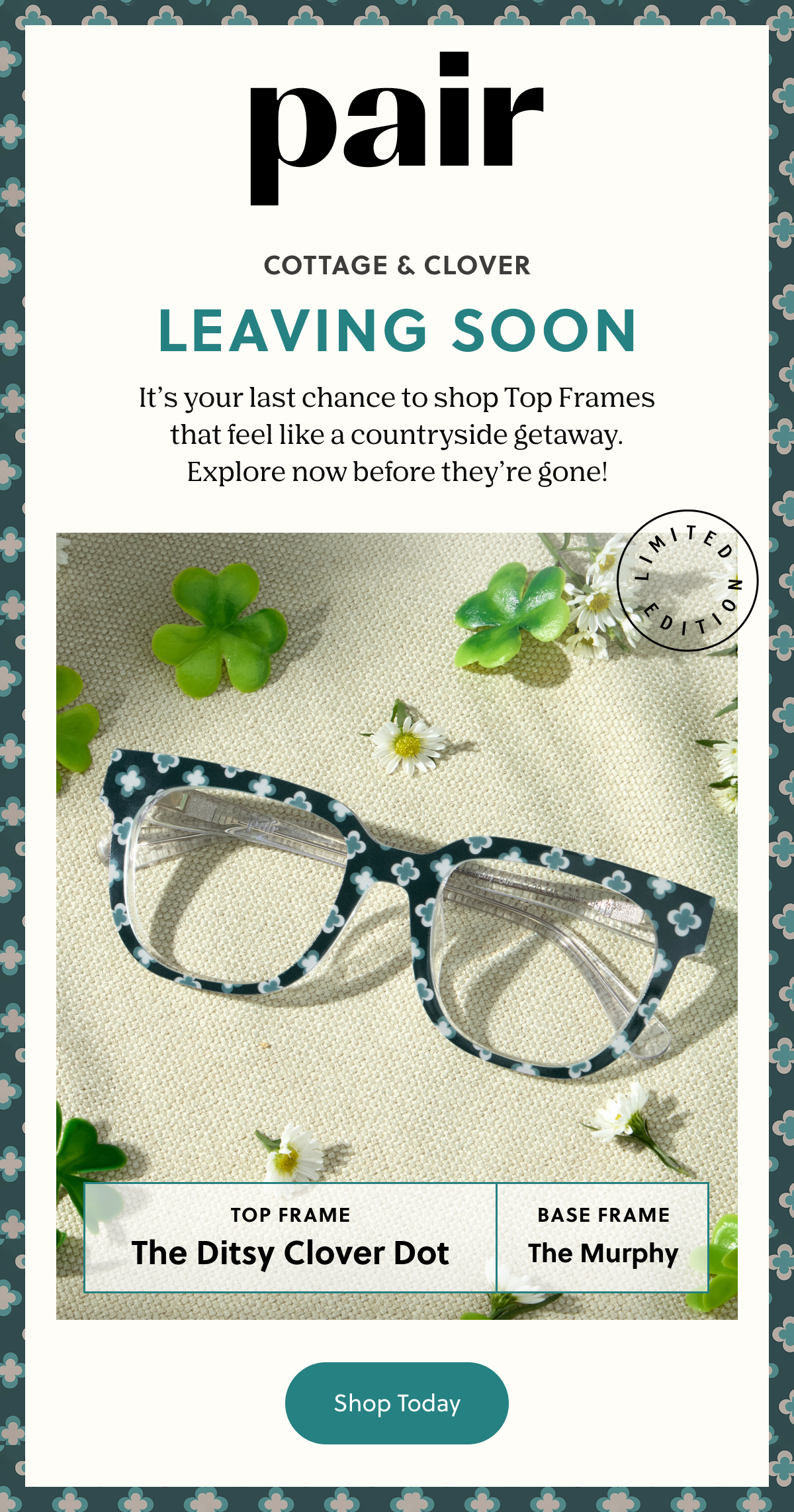 PAIR | COTTAGE & CLOVER LEAVING SOON | It's your last chance to shop Top Frames that feel like a countryside getaway. Explore now before they're gone!
