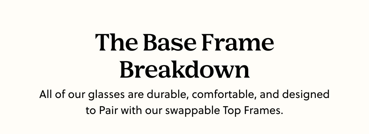 The Base Frame Breakdown - All of our glasses are durable, comfortable, and designed to Pair with our swappable Top Frames.