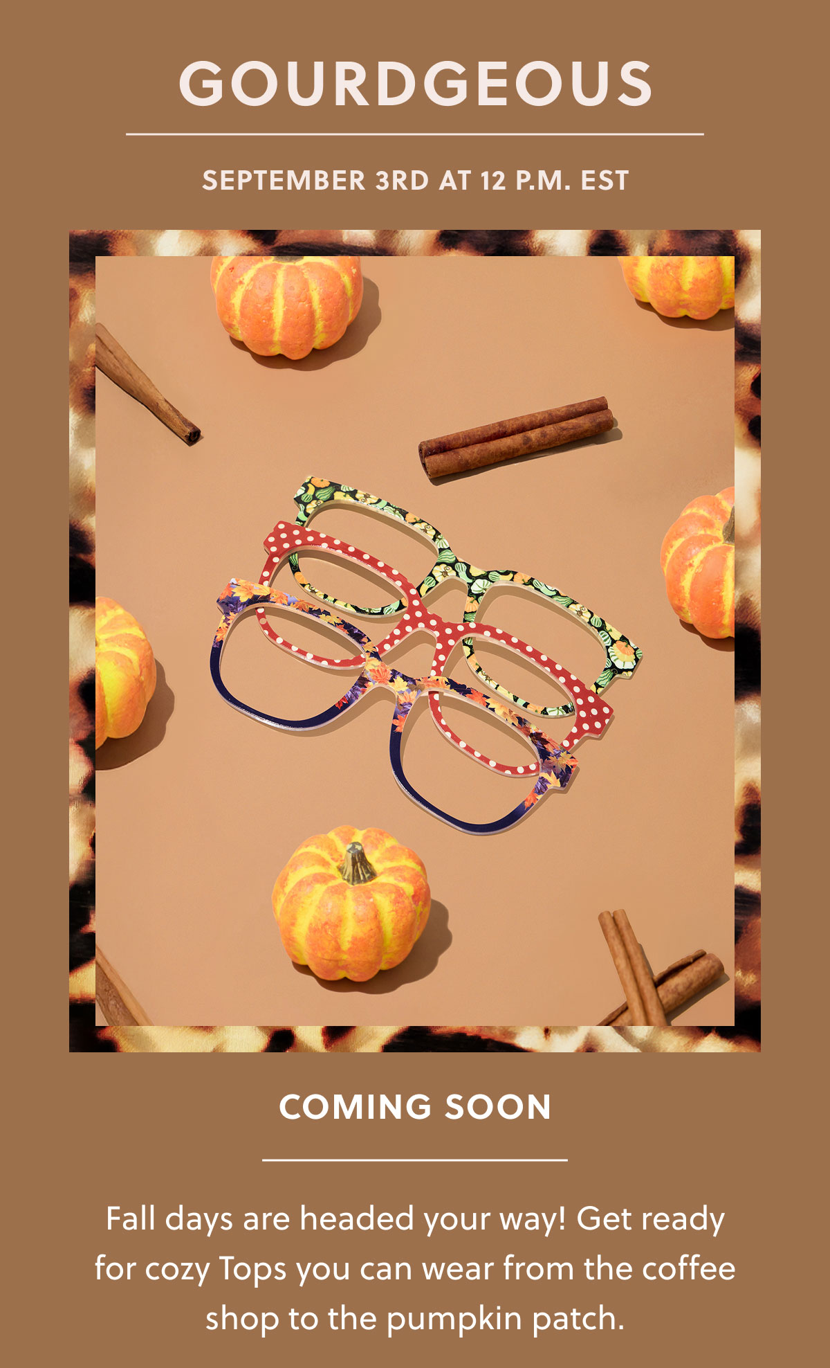 GOURDEGEOUS | SEPTEMBER 3RD AT 12P.M. EST | COMING SOON: Fall days are headed your way! Get ready for cozy Tops you can wear from the coffee shop to the pumpkin patch.