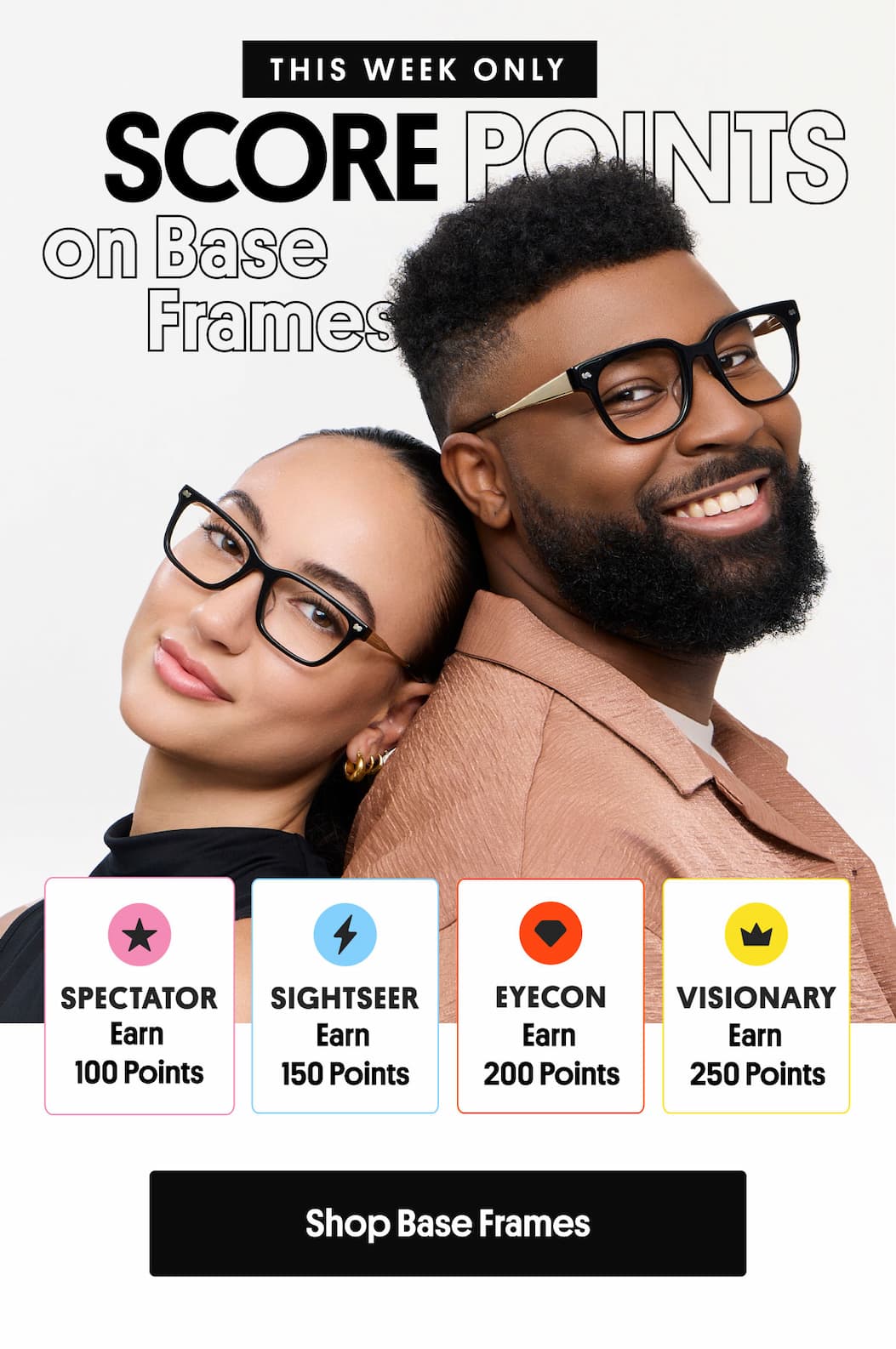 THIS WEEK ONLY | SCORE POINTS ON BASE FRAMES | Spectator Earn 100 Points, Sightseer Earn 150 Points, Eyecon Earn 200 Points, Visionary Earn 250 Points | Shop Base Frames