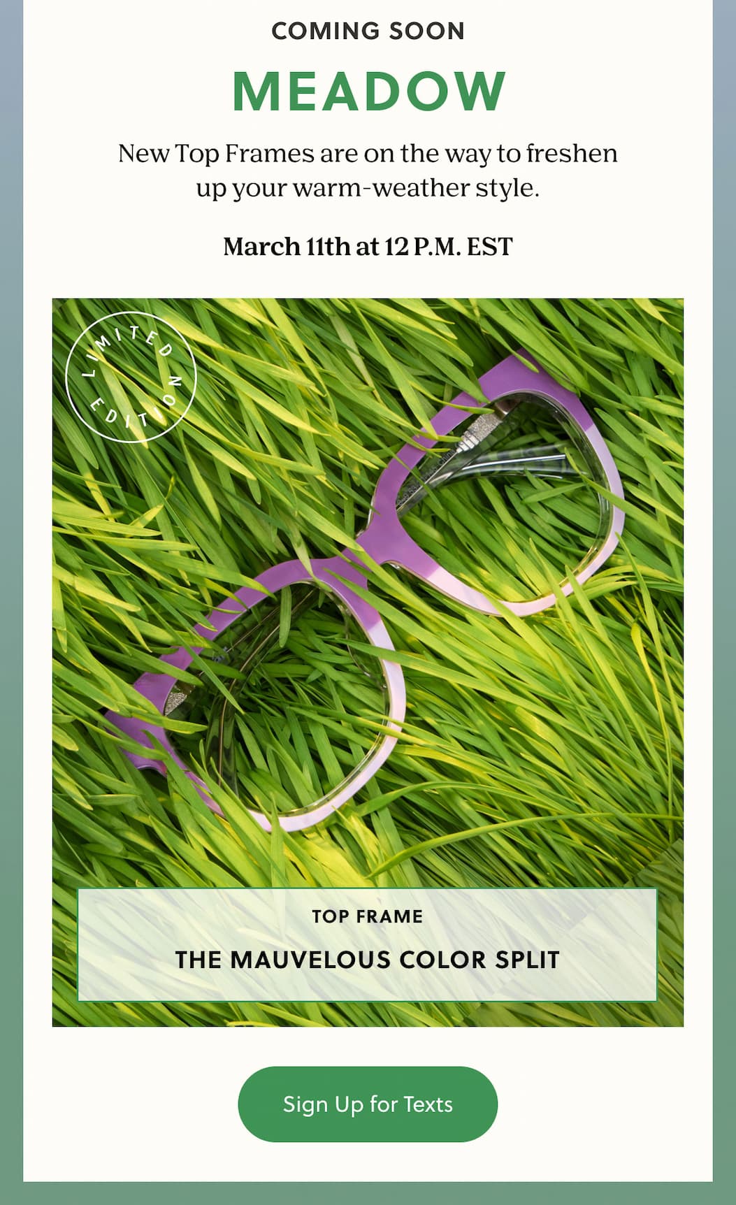 Coming Soon | Meadow | New Top Frames are on the way to freshen up your warm-weather style.| March 12th at 12 P.M. EST | Sign Up for Texts
