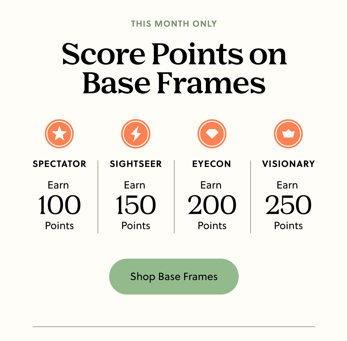 THIS MONTH ONLY | Score Points on Base Frames | Spectator: Earn 100 Points, Sightseer: Earn 150 Points, Eyecon: Earn 200 Points, Visionary: Earn 250 Points | Shop Base Frames