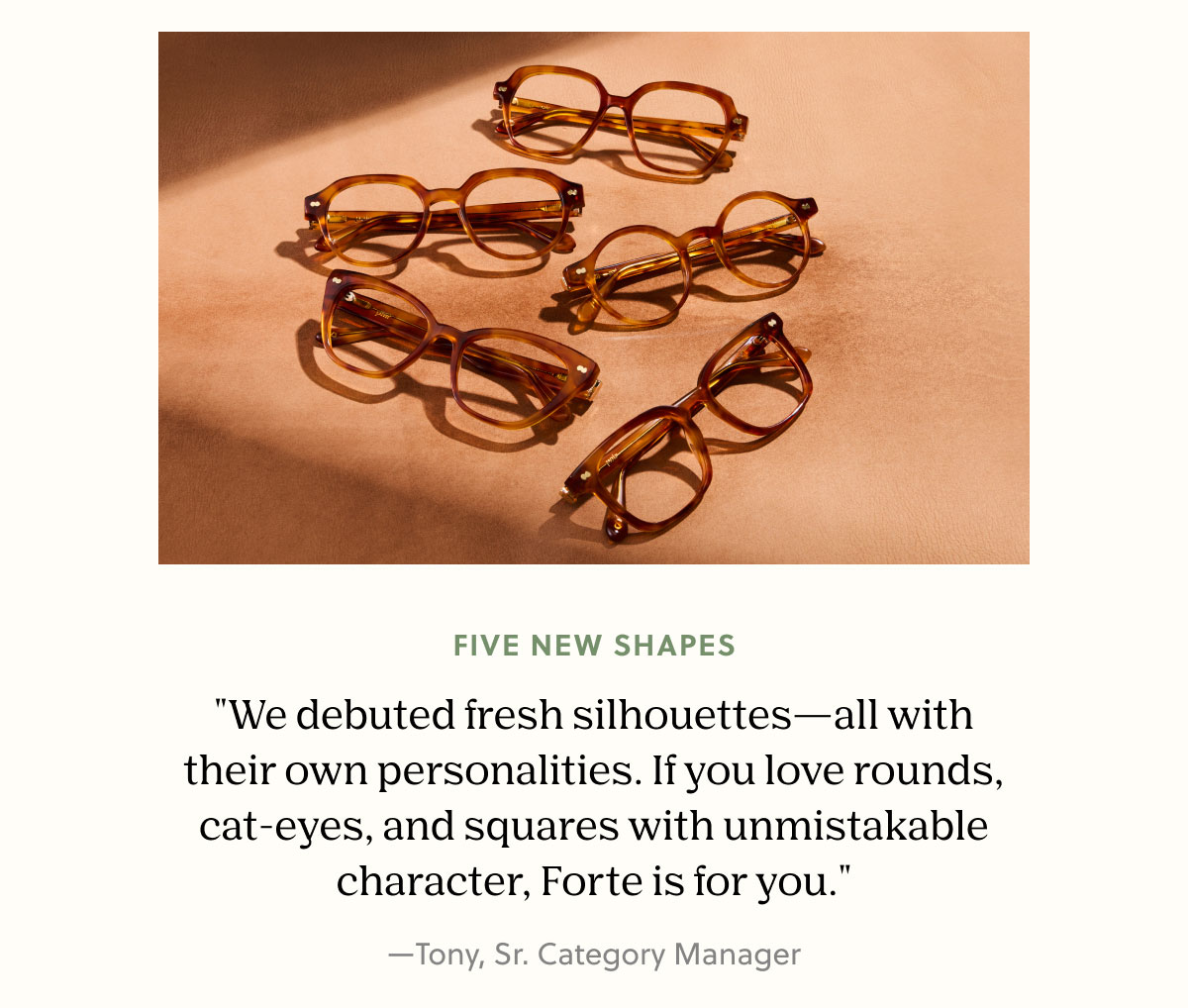 FIVE NEW SHAPES | "We debuted fresh silhouettes—all with their own personalities. If you love rounds, cat-eyes, and squares with unmistakable character, Forte is for you." —Tony, Sr. Category Manager
