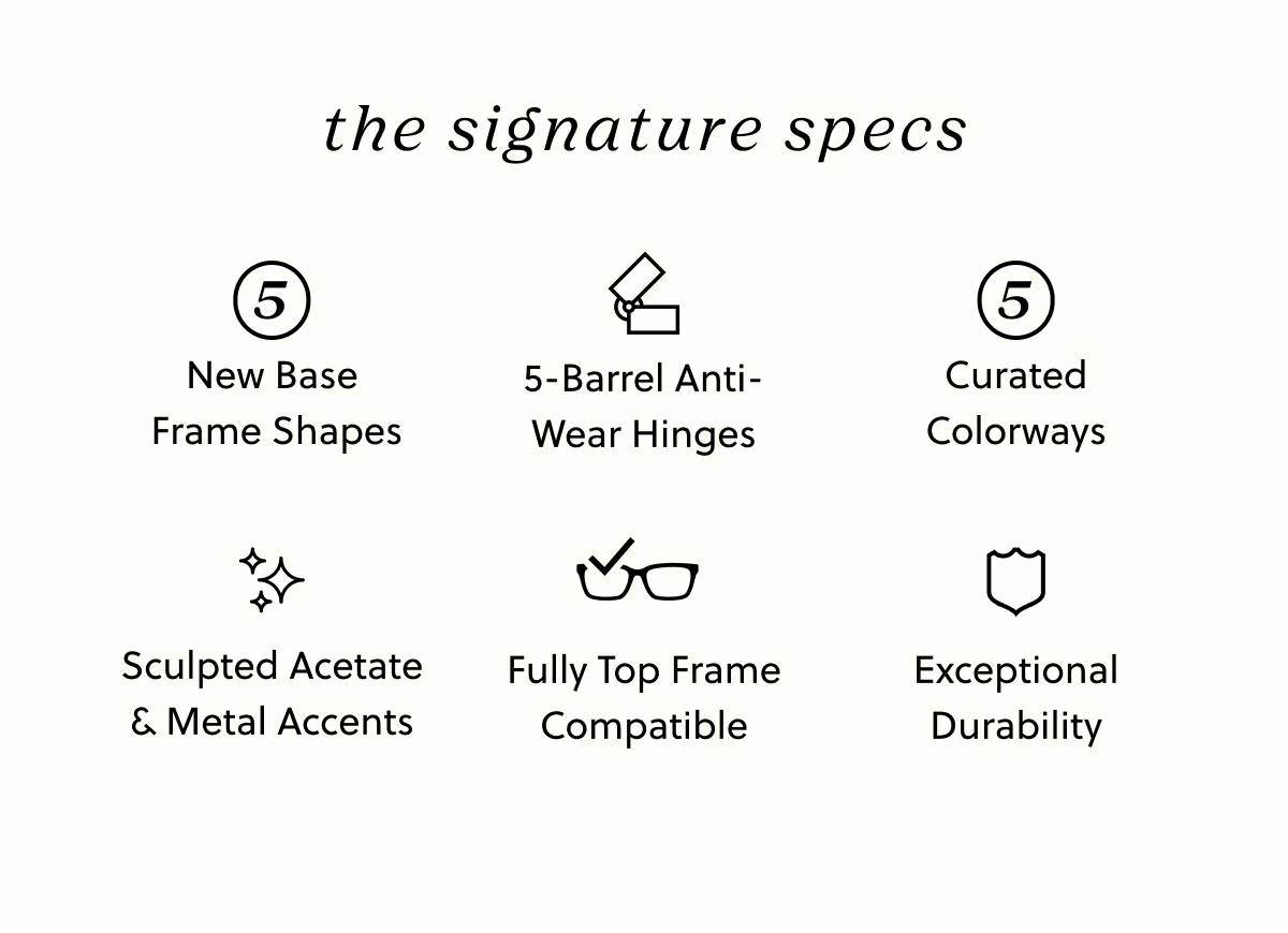 The Signature Specs | 5 New Base Frame Shapes, 5-Barrel Anti-Wear Hinges, 5 Curated Colorways, Sculpted Acetate & Metal Accents, Fully Top Frame Compatible, Exceptional Durability