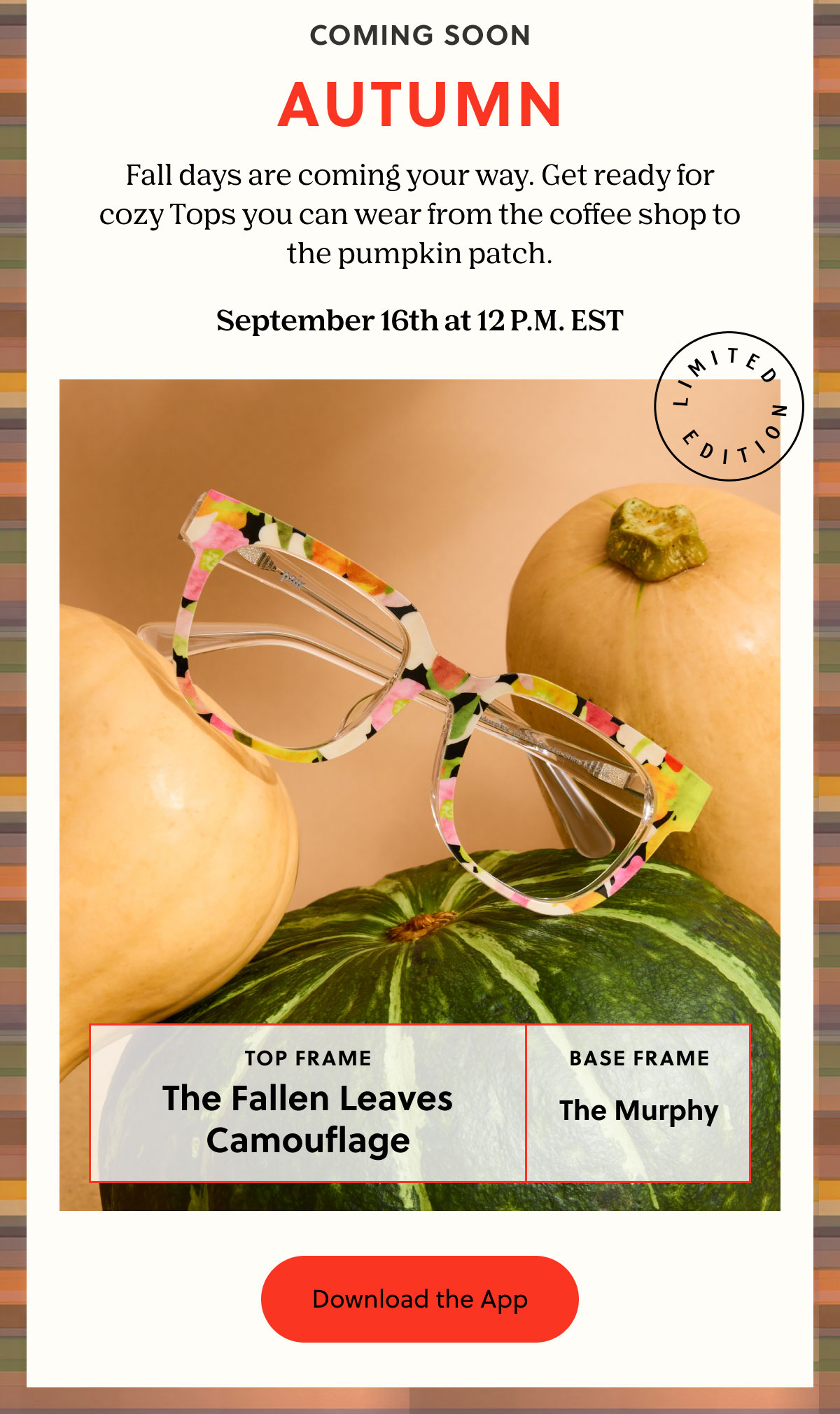 COMING SOON - AUTUMN - Fall days are coming your way. Get ready for cozy Tops you can wear from the coffee shop to the pumpkin patch.  September 16th at 12 P.M. EST | Download the App