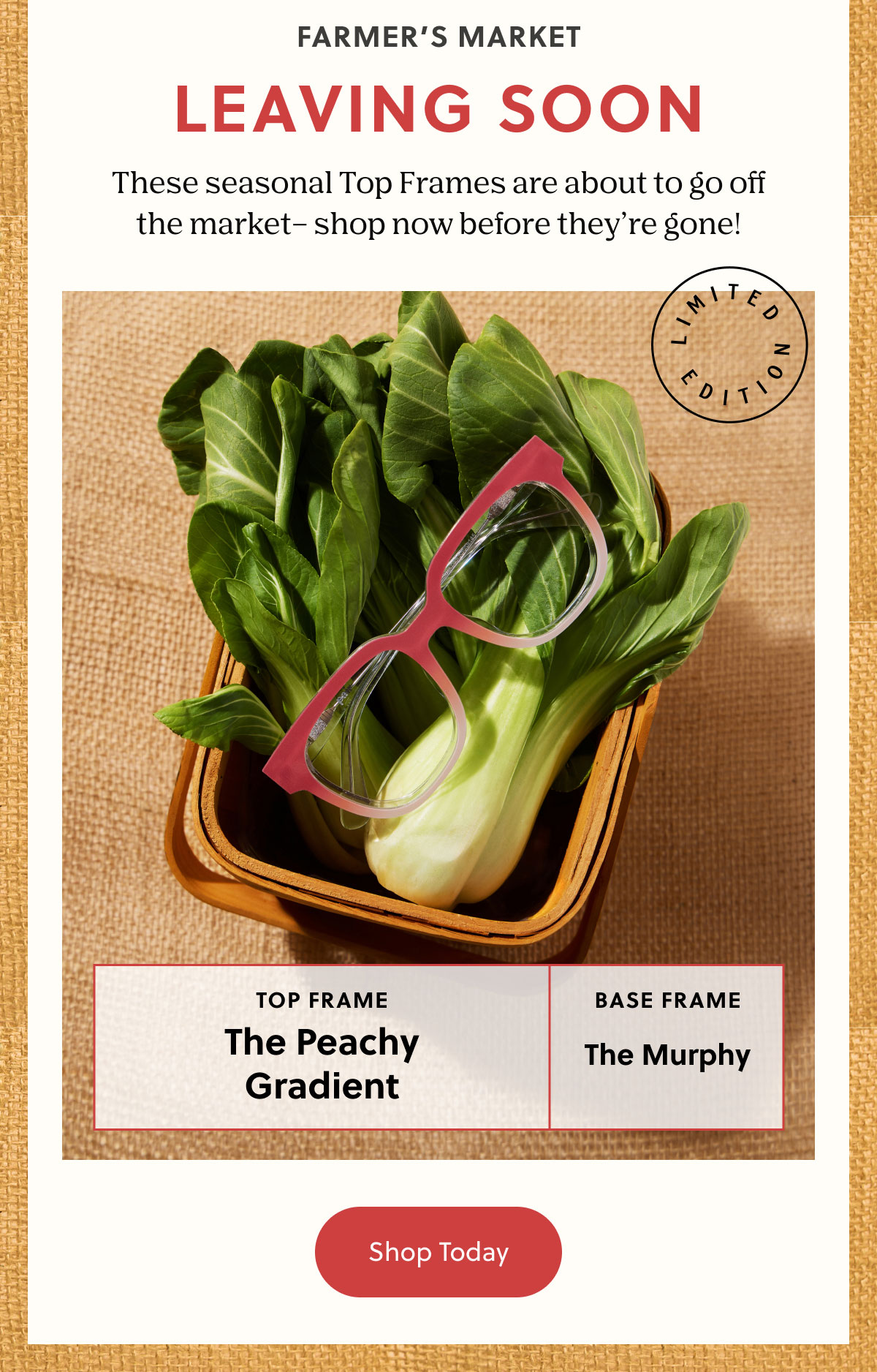 Farmer's Market Leaving Soon - These seasonal Top Frames are about to go off the market - shop now before they're gone! 