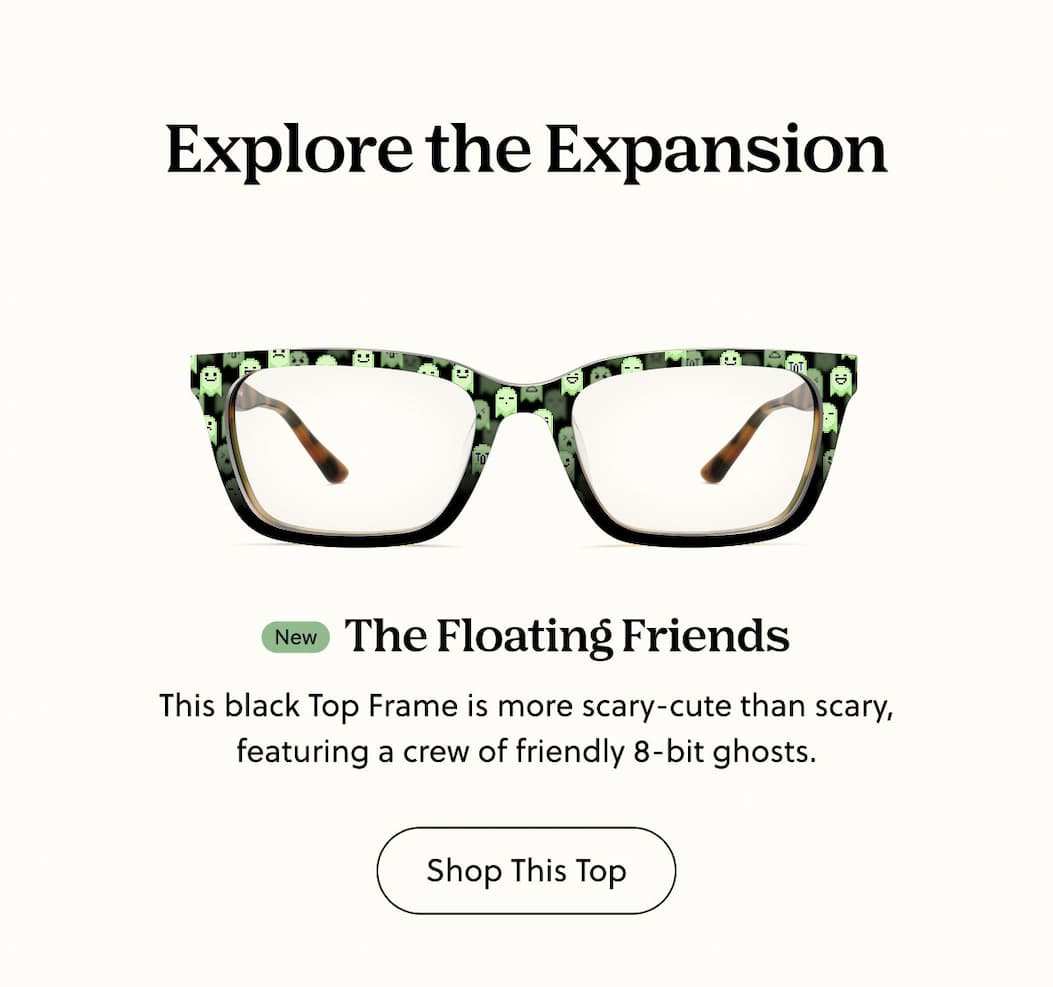 New The Floating Friends This black Top Frame is more scary-cute than scary, featuring a crew of friendly 8-bit ghosts. Shop This Top 
