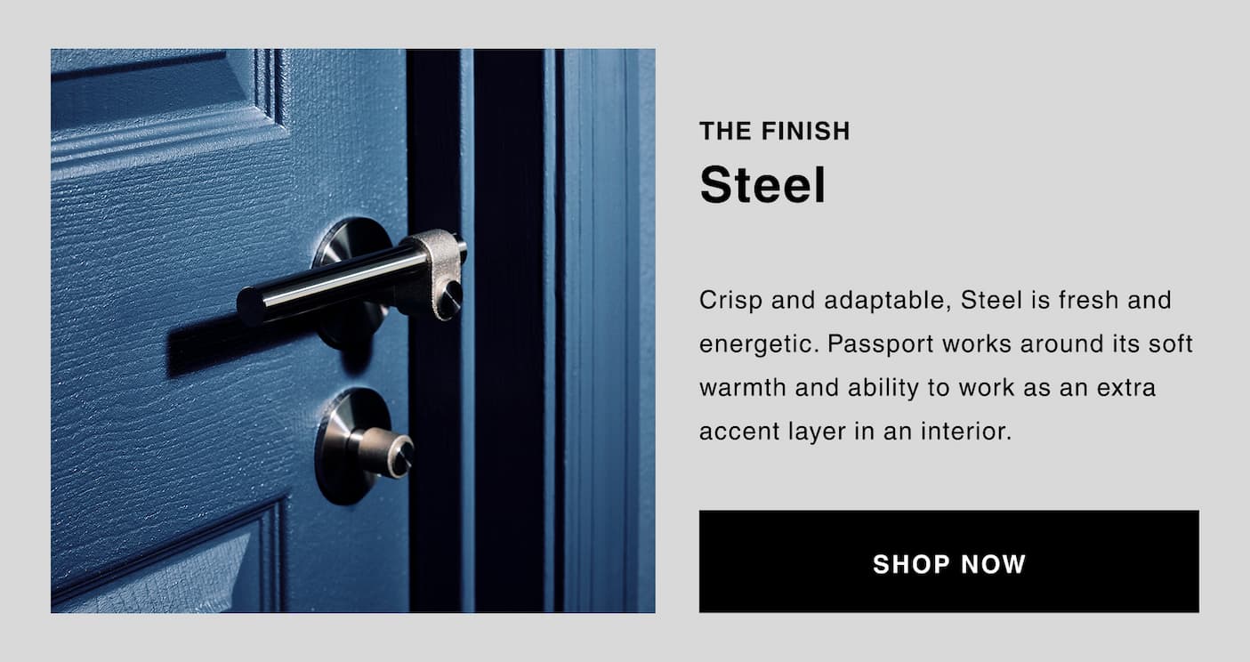 Brass door handle with text about its timeless elegance.