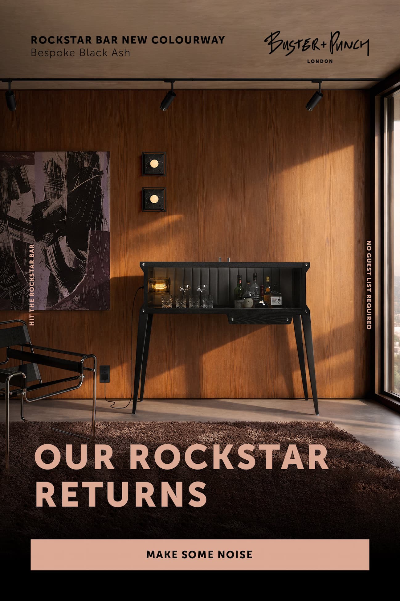 our rockstar whiskey bar in a warm lit room