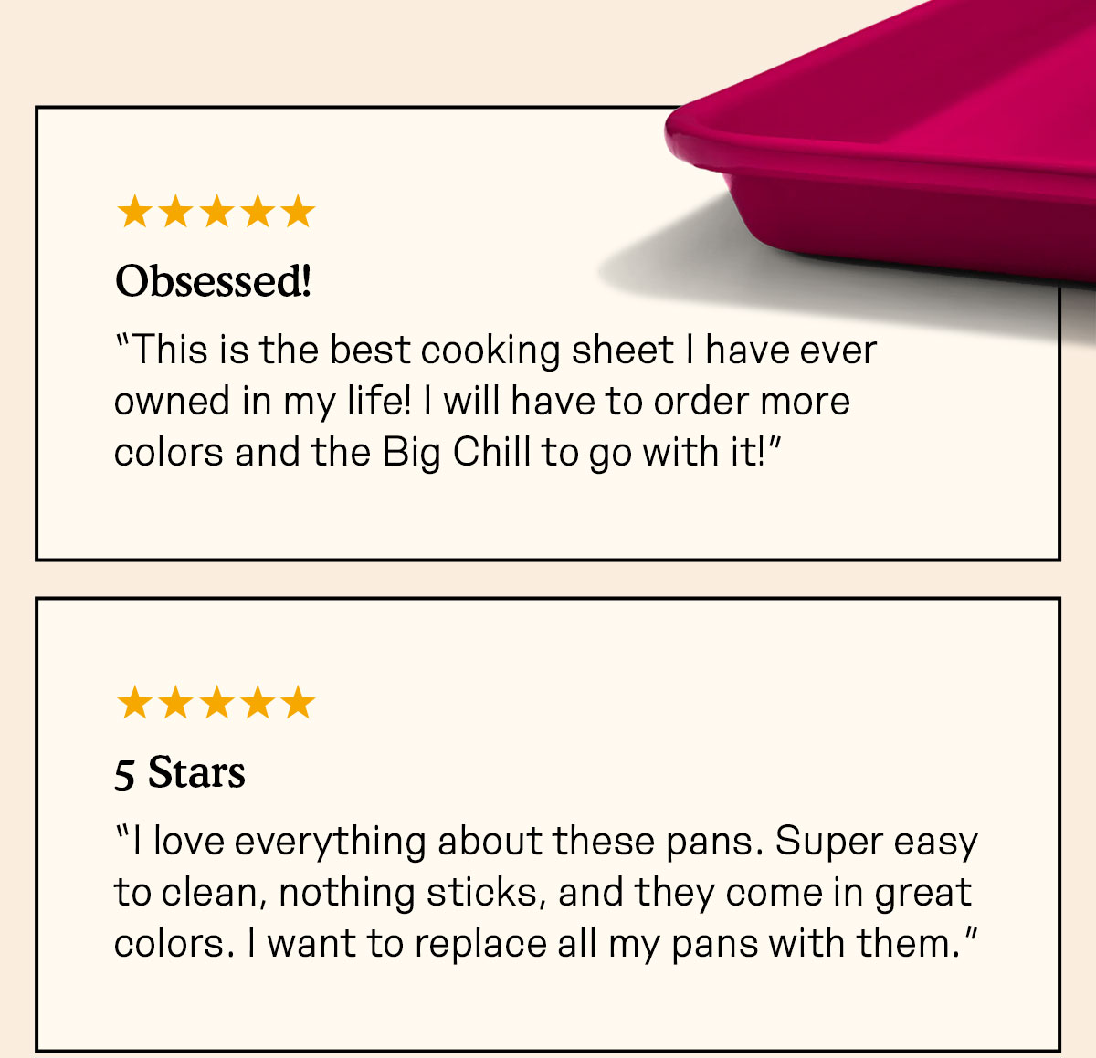 “This is the best cooking sheet I have ever owned in my life! I will have to order more colors and the Big Chill to go with it!”