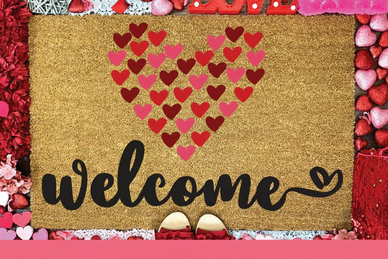 an image of a welcome mat with hearts on it