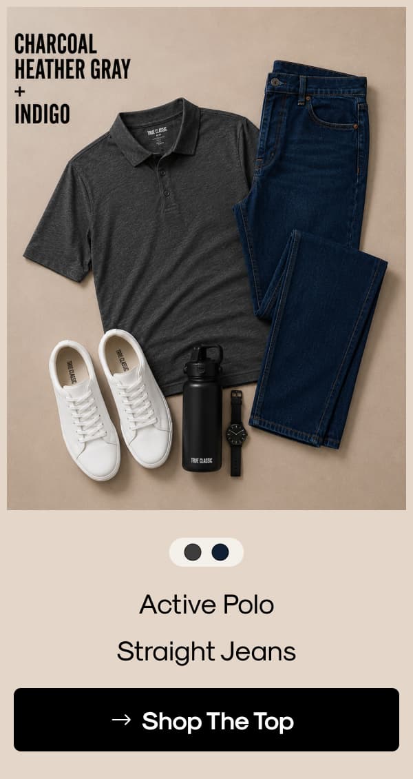 Heather gray polo and straight jeans