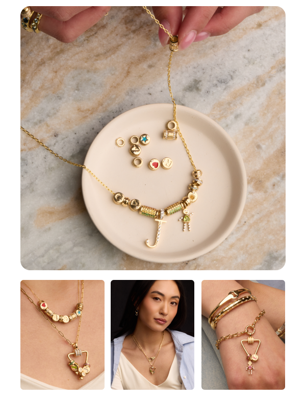 Audry Rose jewelry collage featuring necklaces, rings and layered pieces from the Spring Edit