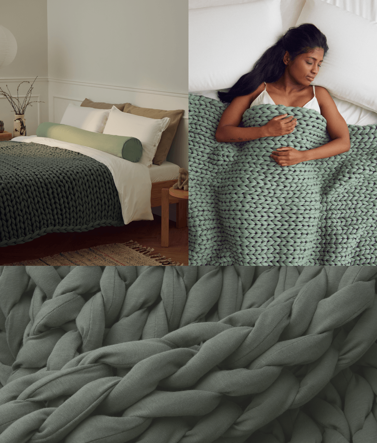 A collage displaying a neatly made bed with a dark green chunky knit blanket, a woman sleeping peacefully under a sage green version, and a close-up of the thick, woven yarn texture